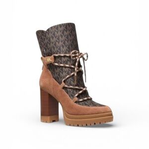 Michael Kors Culver Mixed-Media Platform Tan Monogram Boots Size 7